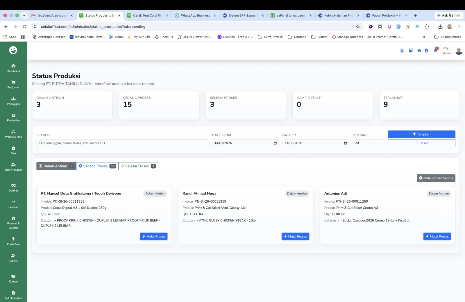Daftar Status Produksi Dalam Antrian